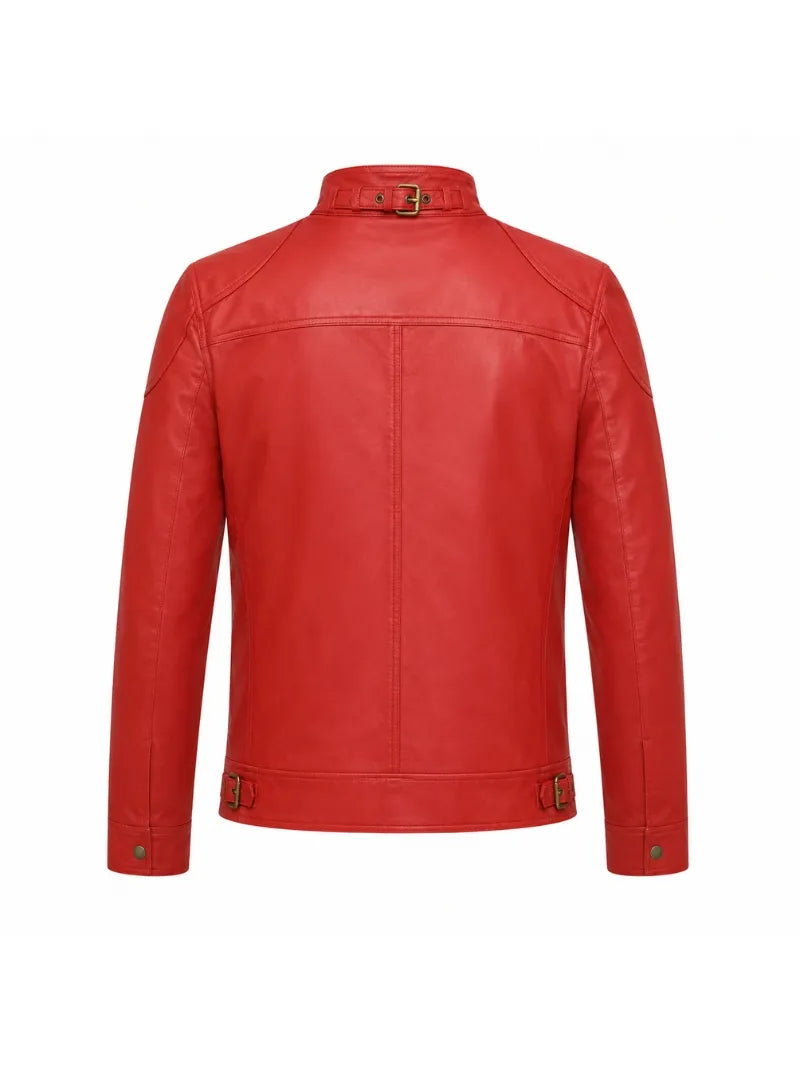 Men’s Red Leather Jacket with Belted Collar Back 