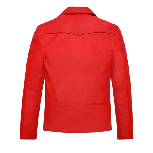 Men’s Red Leather Jacket with Buckle Straps
