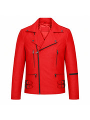 Men’s Red Leather Jacket with Buckle Straps Front 