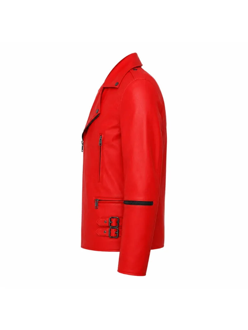 Men’s Red Leather Jacket with Buckle Straps Left 