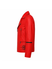 Men’s Red Leather Jacket with Buckle Straps Left 