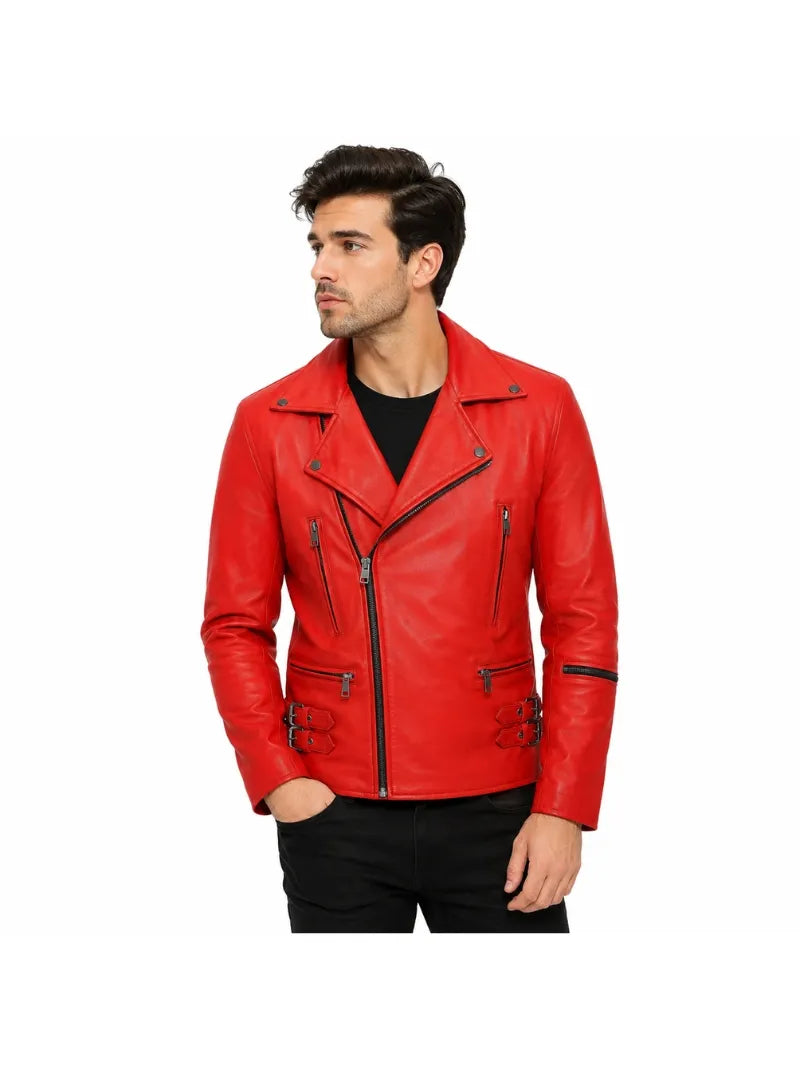 Men’s Red Leather Jacket with Buckle Straps Full