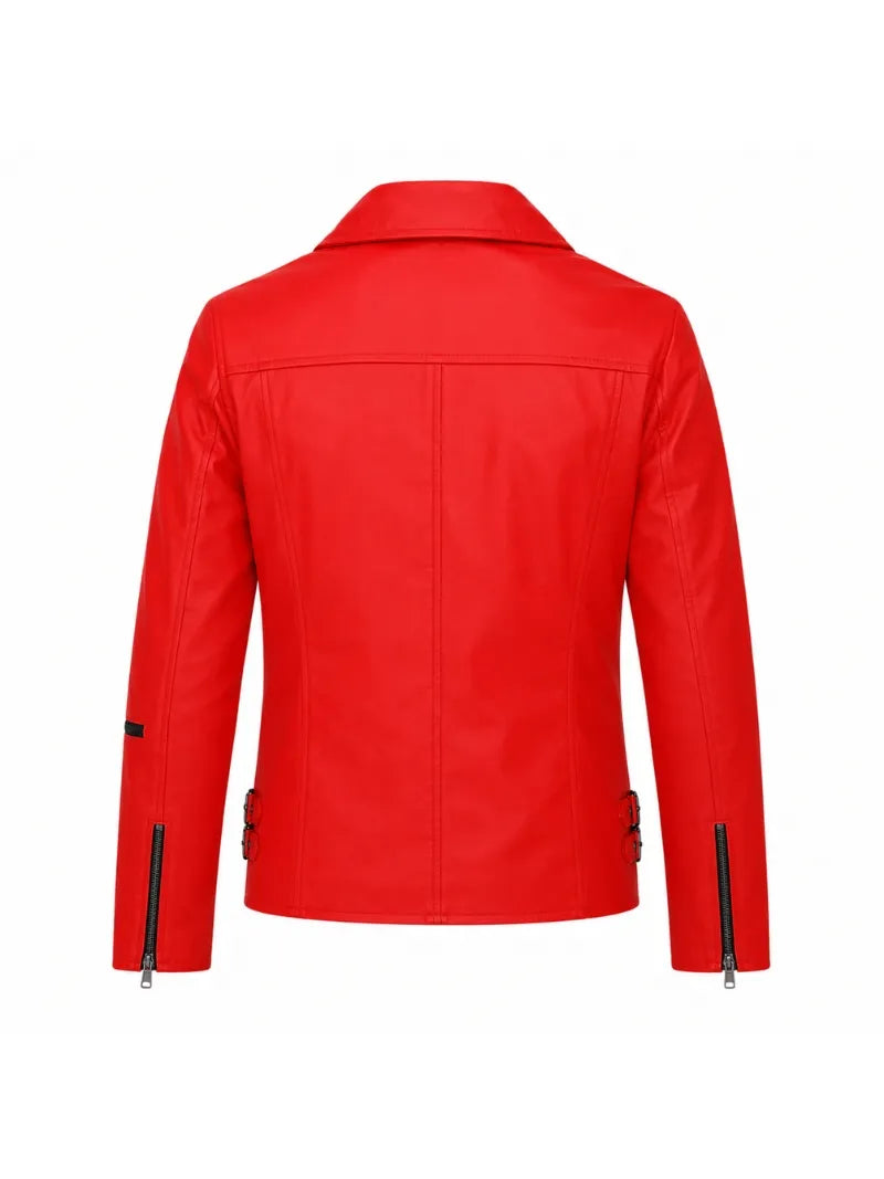Men’s Red Leather Jacket with Buckle Straps Back 