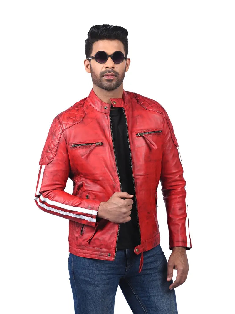 Men’s Red Leather Jacket with Stripe Sleeves Front 