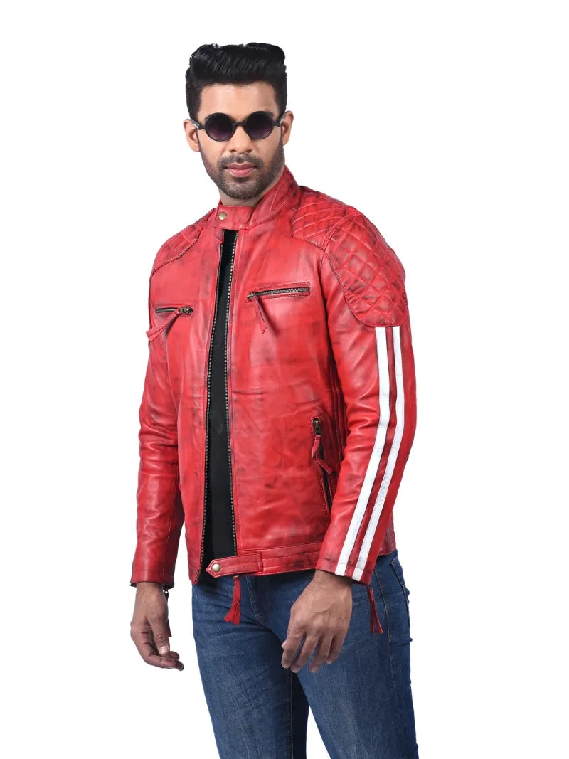 Men’s Red Leather Jacket with Stripe Sleeves Full