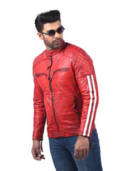 Men’s Red Leather Jacket with Stripe Sleeves Left 