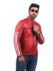 Men’s Red Leather Jacket with Stripe Sleeves Right 