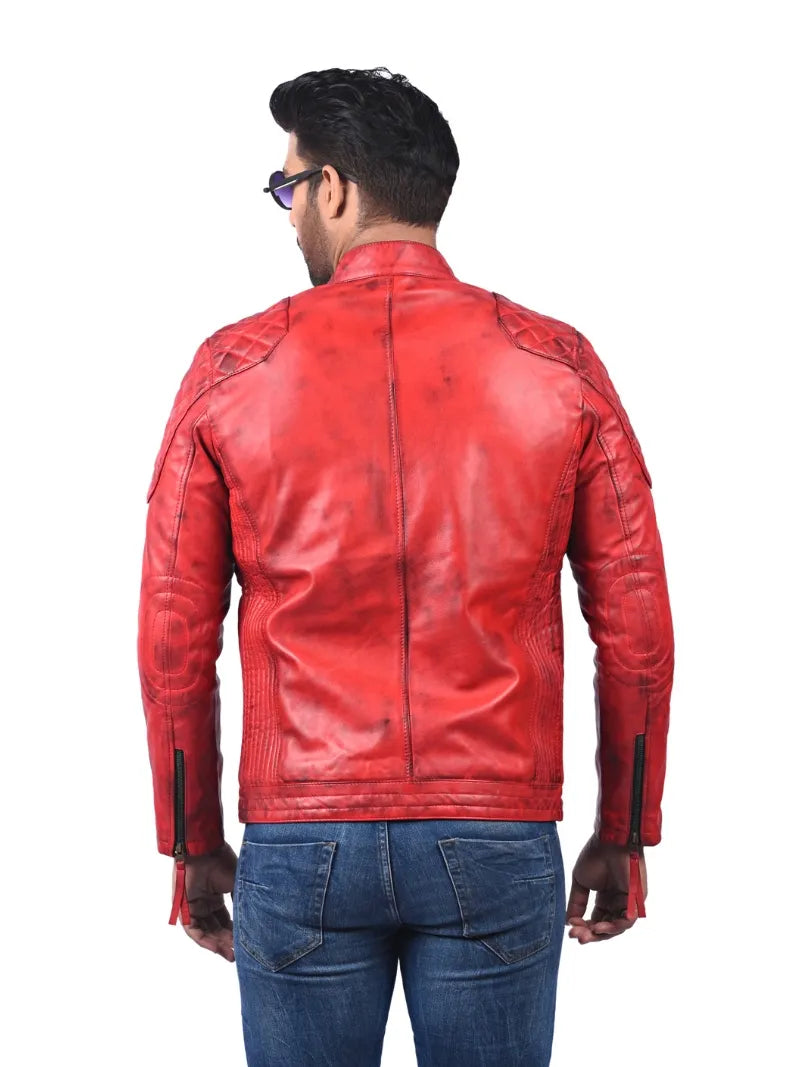 Men’s Red Leather Jacket with Stripe Sleeves Back 