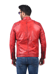 Men’s Red Leather Jacket with Stripe Sleeves Back 