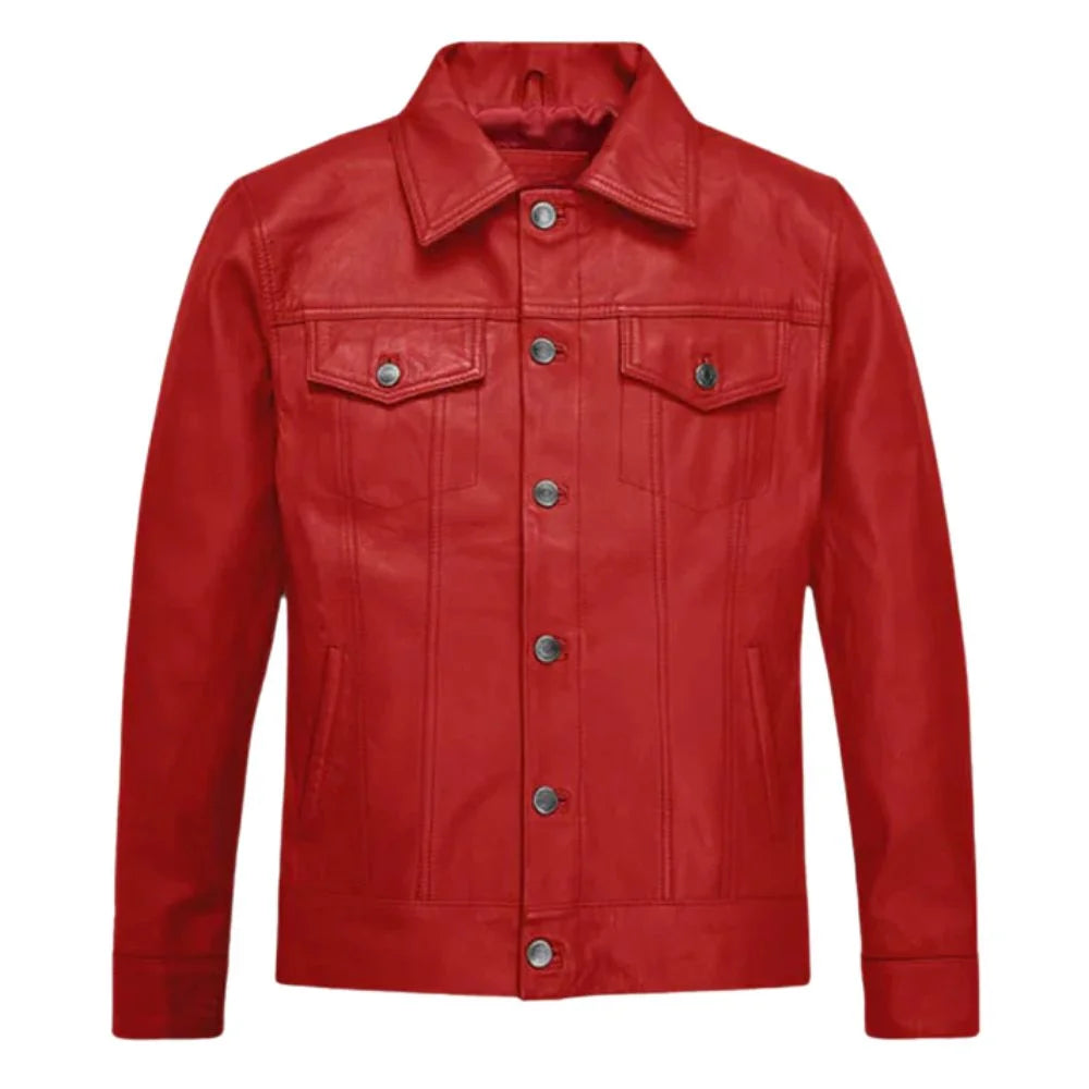 Men’s Red Leather Trucker Jacket