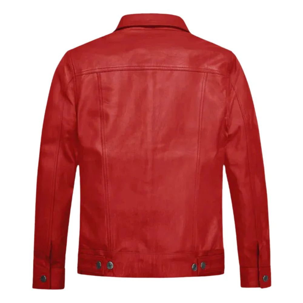 Men’s Red Leather Trucker Jacket