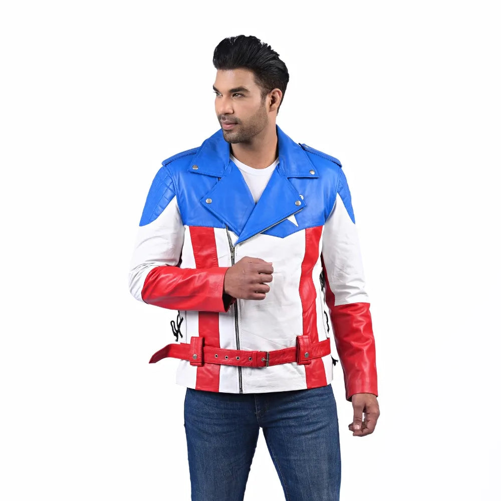 Men’s Red White Blue Leather Jacket