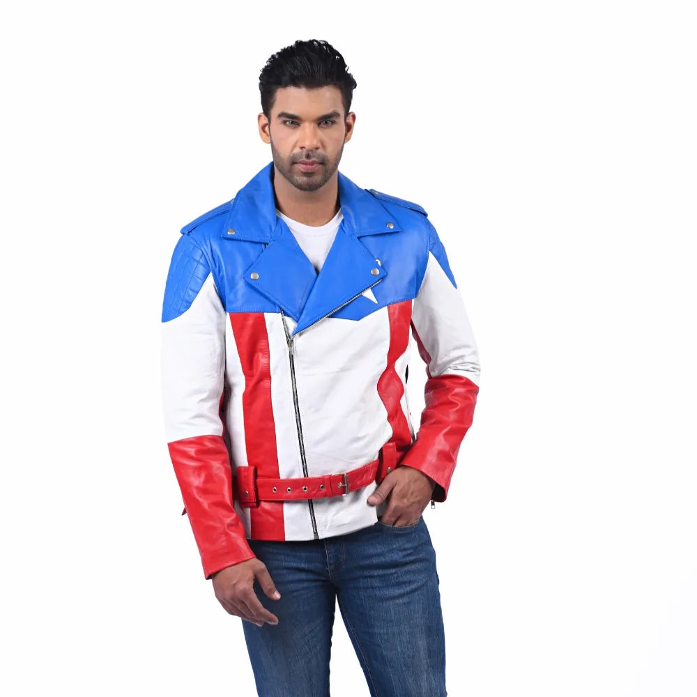 Men’s Red White Blue Leather Jacket