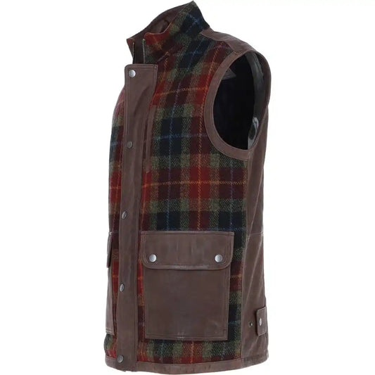 Men's Red And Green Wool Plaid Vest with Leather Trim