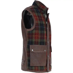Men's Red And Green Wool Plaid Vest with Leather Trim