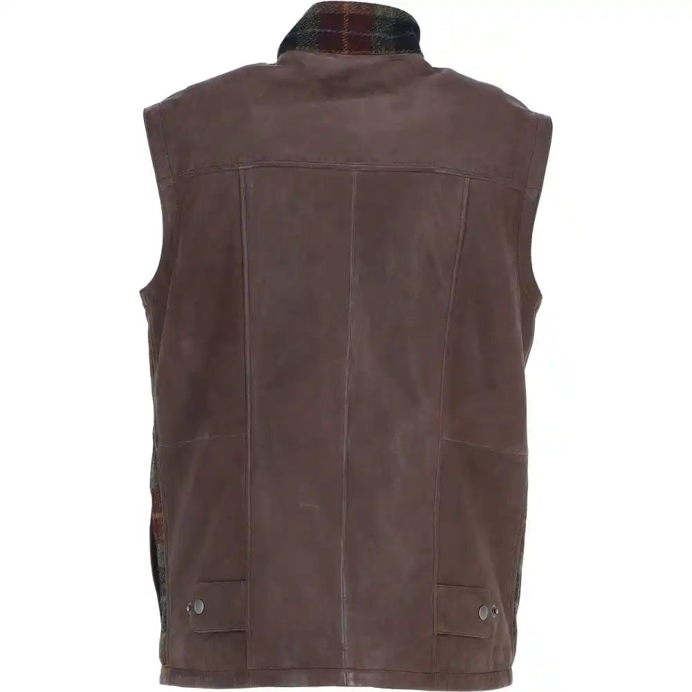 Men's Red And Green Wool Plaid Vest with Leather Trim