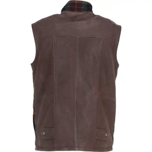 Men's Red And Green Wool Plaid Vest with Leather Trim