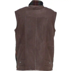 Men's Red And Green Wool Plaid Vest with Leather Trim