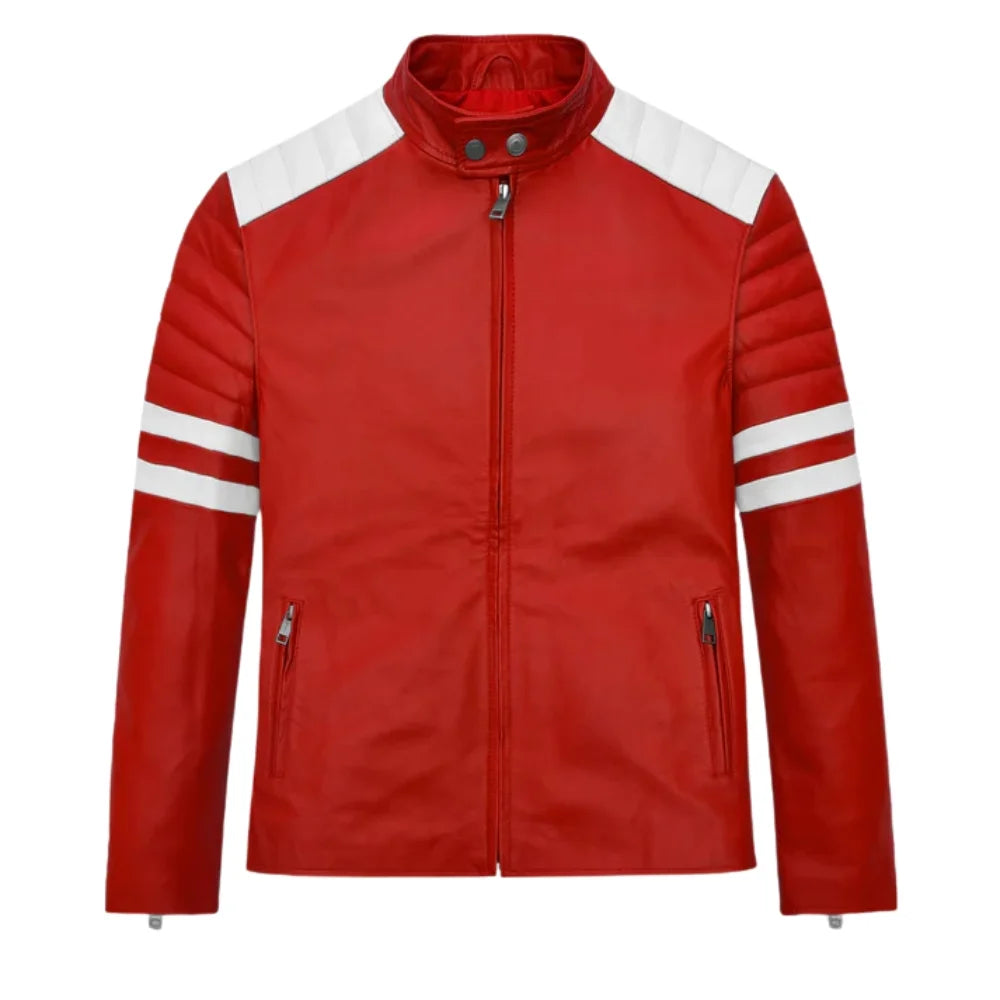 Men’s Red and White Striped Modern Leather Jacket