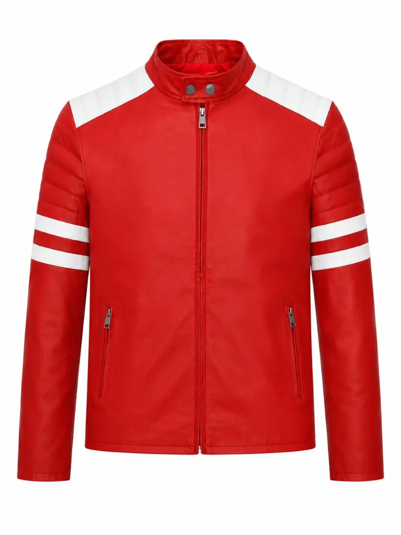 Men’s Red and White Striped Modern Leather Jacket Front 