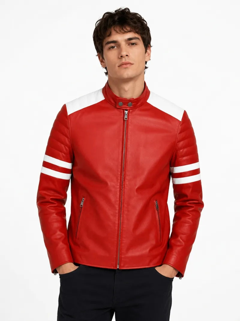 Men’s Red and White Striped Modern Leather Jacket Full
