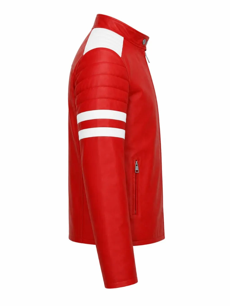 Men’s Red and White Striped Modern Leather Jacket Right 
