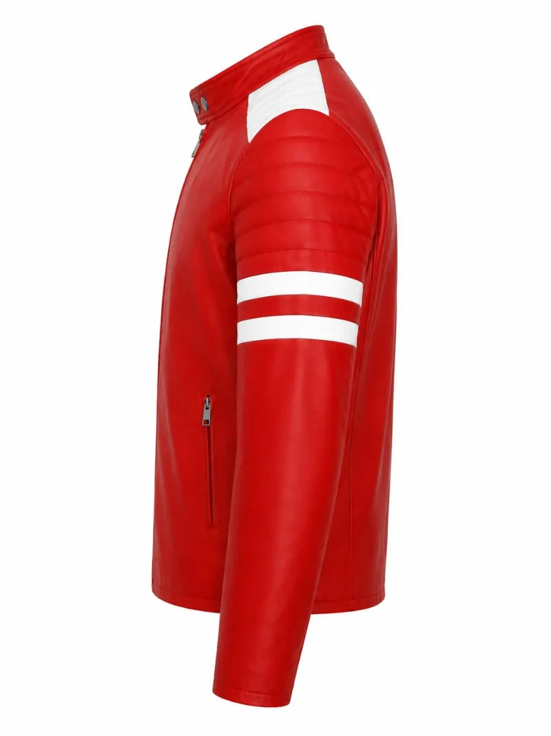 Men’s Red and White Striped Modern Leather Jacket Left 
