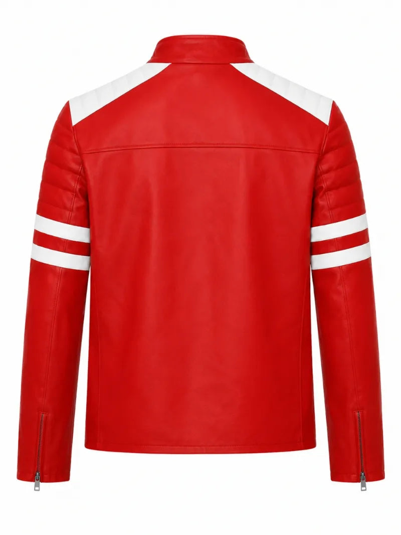 Men’s Red and White Striped Modern Leather Jacket Back 