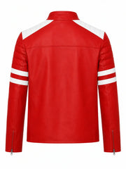 Men’s Red and White Striped Modern Leather Jacket Back 