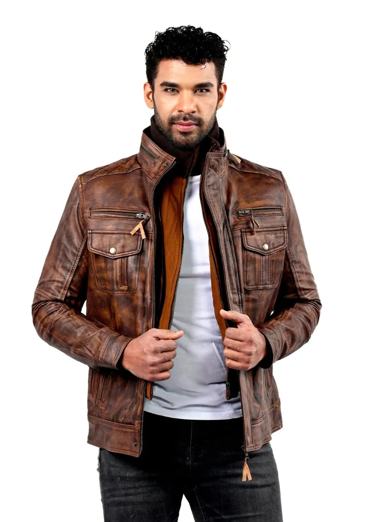 Men’s Rustic Brown Leather Jacket with Utility Pockets Front 
