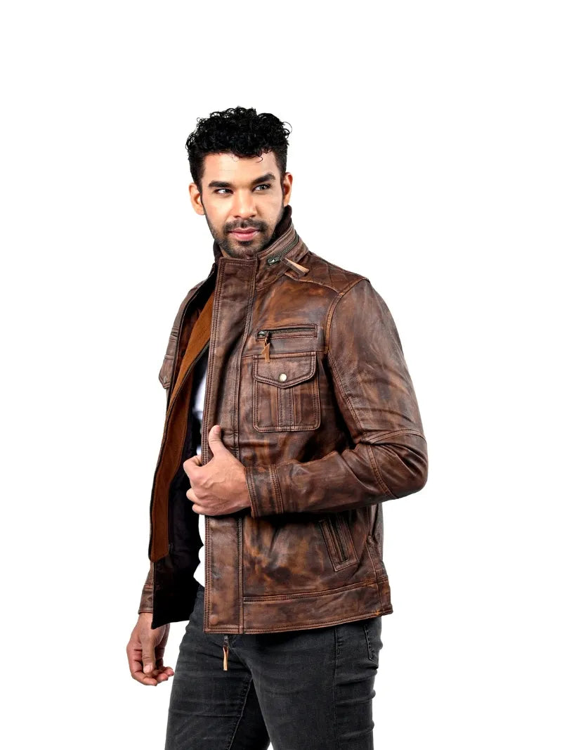Men’s Rustic Brown Leather Jacket with Utility Pockets Left 