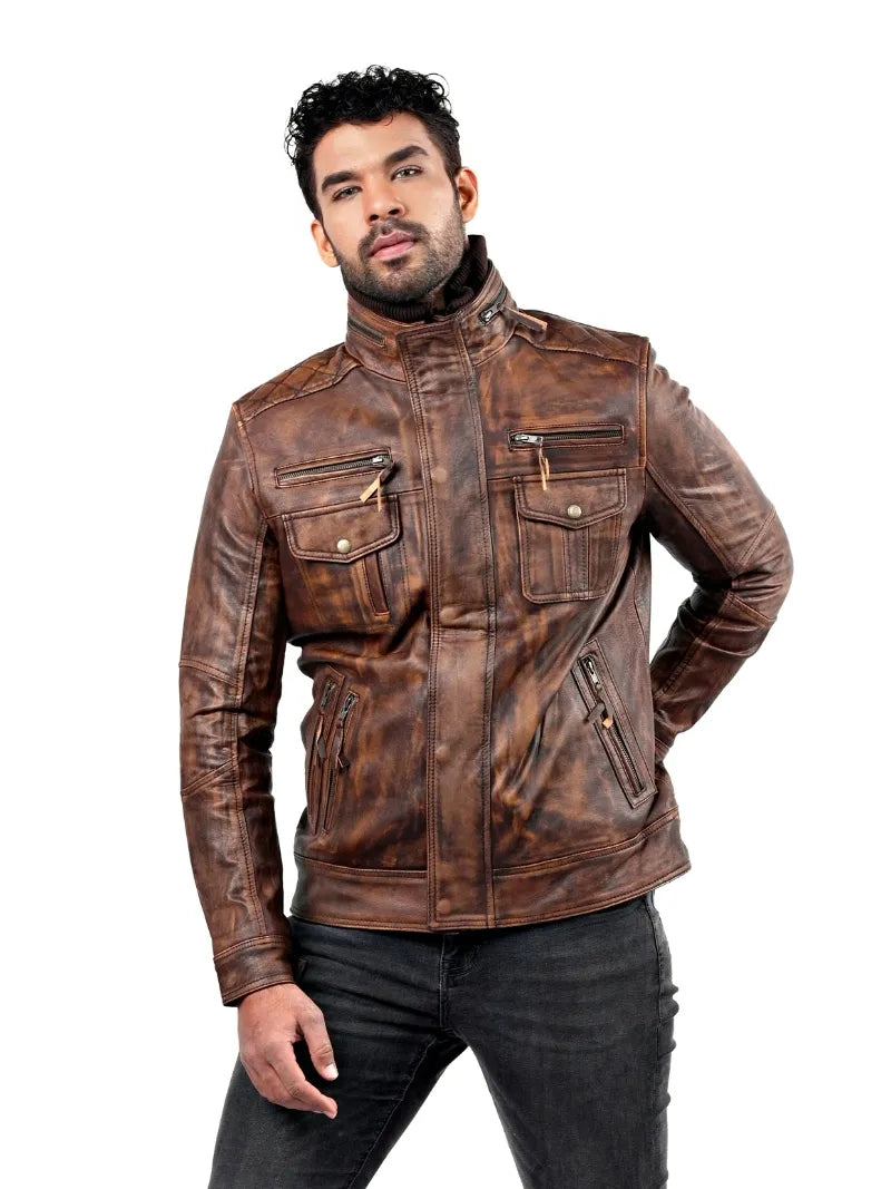 Men’s Rustic Brown Leather Jacket with Utility Pockets Left 
