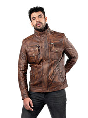 Men’s Rustic Brown Leather Jacket with Utility Pockets Left 