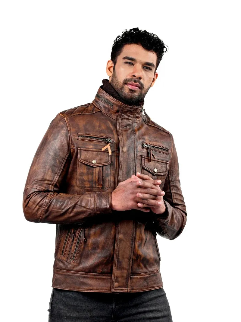 Men’s Rustic Brown Leather Jacket with Utility Pockets Right 