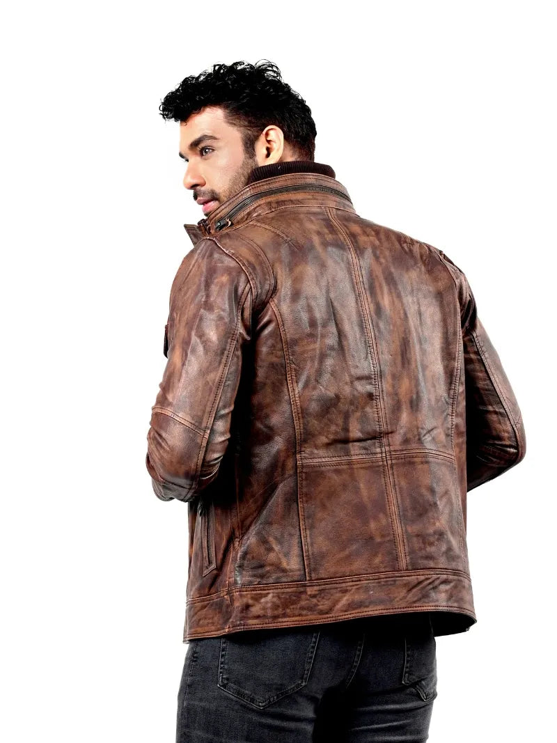 Men’s Rustic Brown Leather Jacket with Utility Pockets Back 