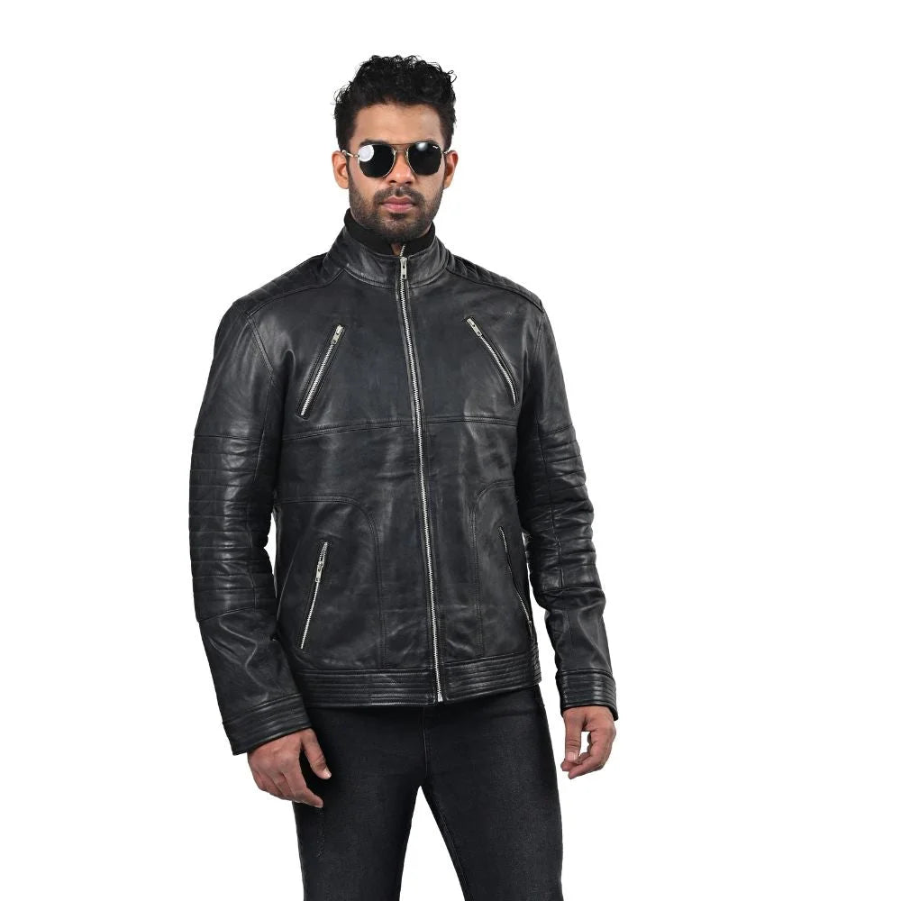 Men's Sleek Black High Neck Leather Jacket