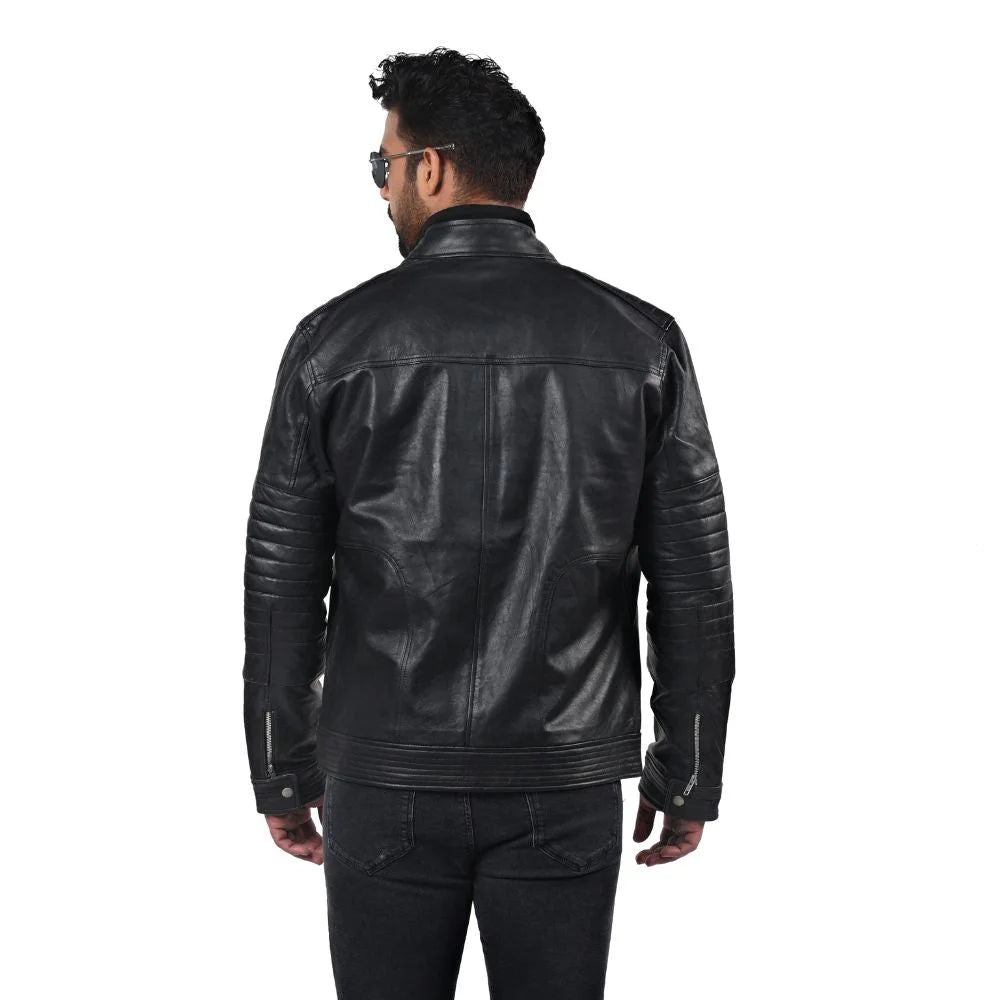Men's Sleek Black High Neck Leather Jacket