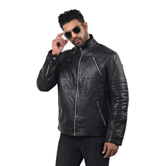 Men's Sleek Black High Neck Leather Jacket