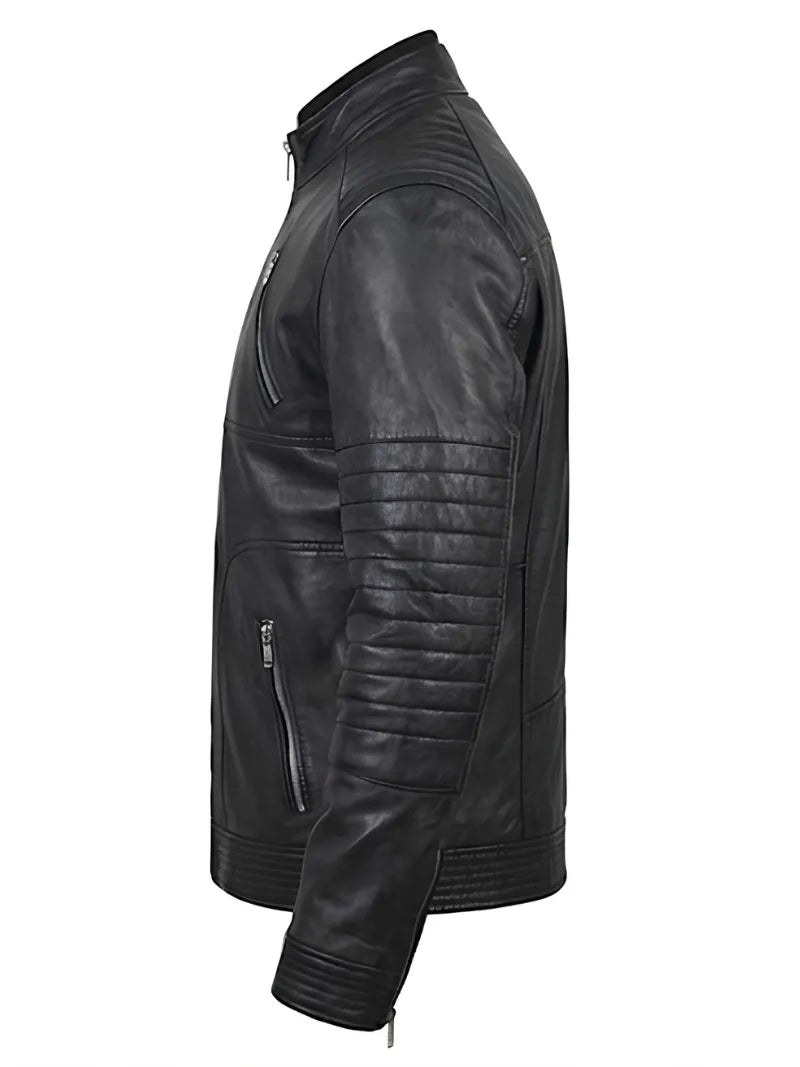 Men's Sleek Black High Neck Leather Jacket