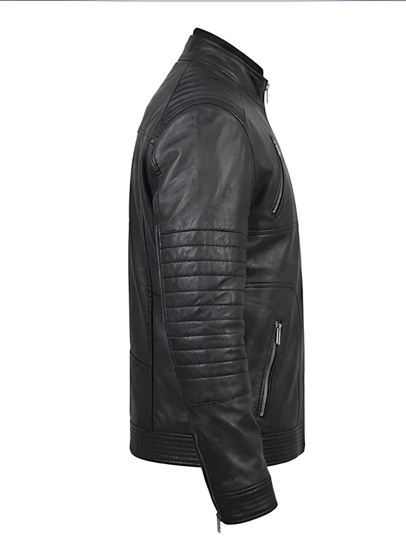 Men's Sleek Black High Neck Leather Jacket