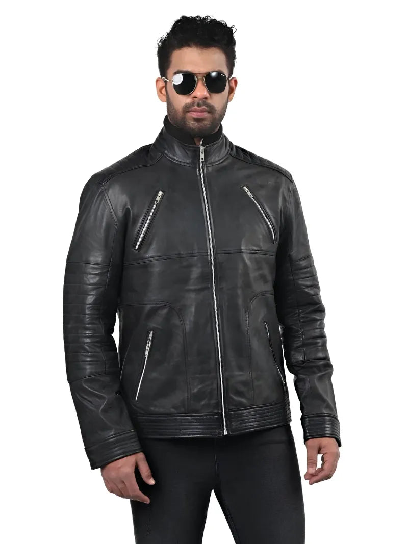 Men's Sleek Black High Neck Leather Jacket