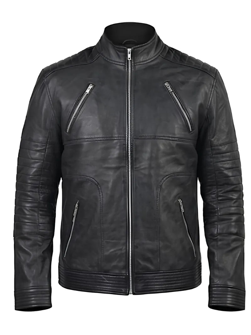 Men's Sleek Black High Neck Leather Jacket