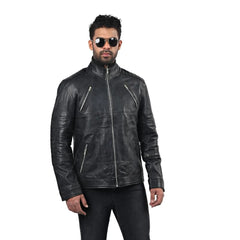 Men's Sleek Black High Neck Leather Jacket