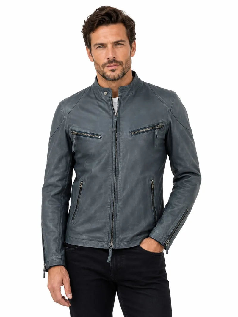 Men’s Slim Fit Grey Leather Jacket Full 
