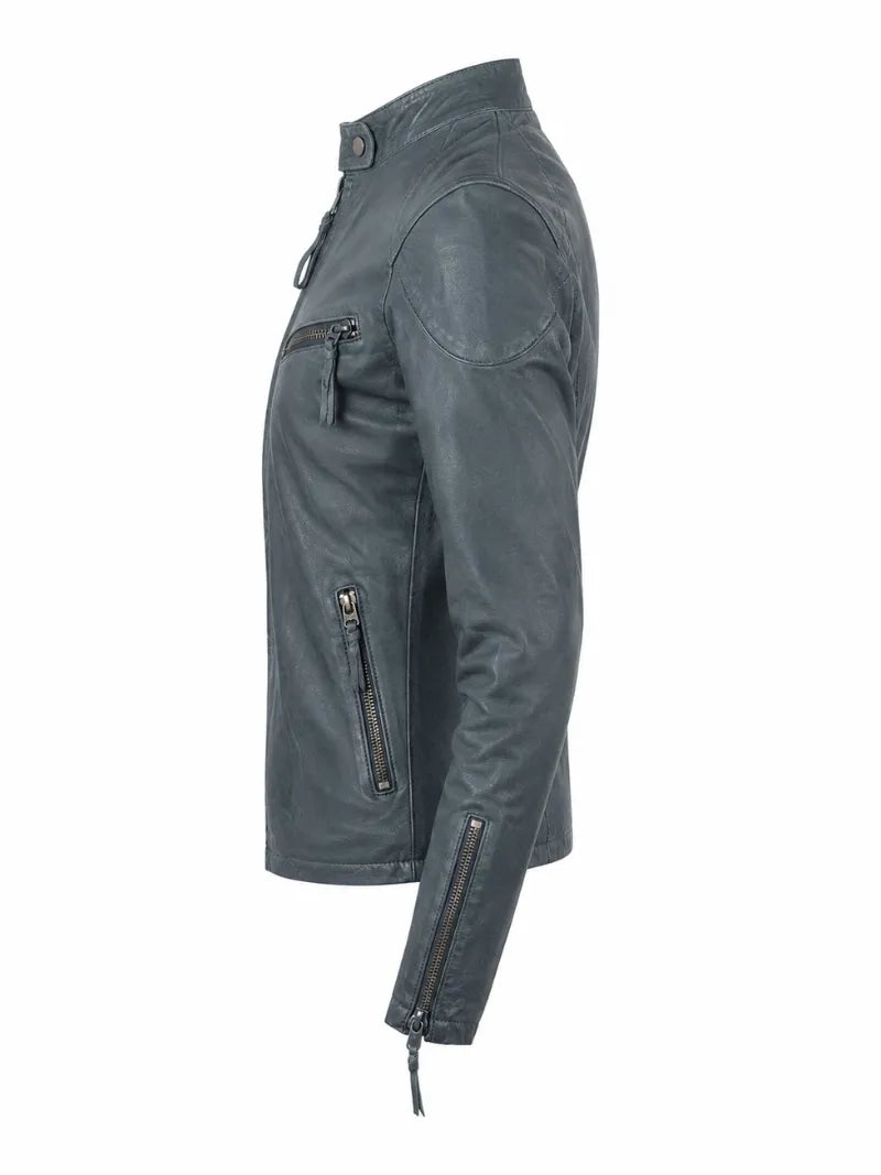 Men’s Slim Fit Grey Leather Jacket Left 