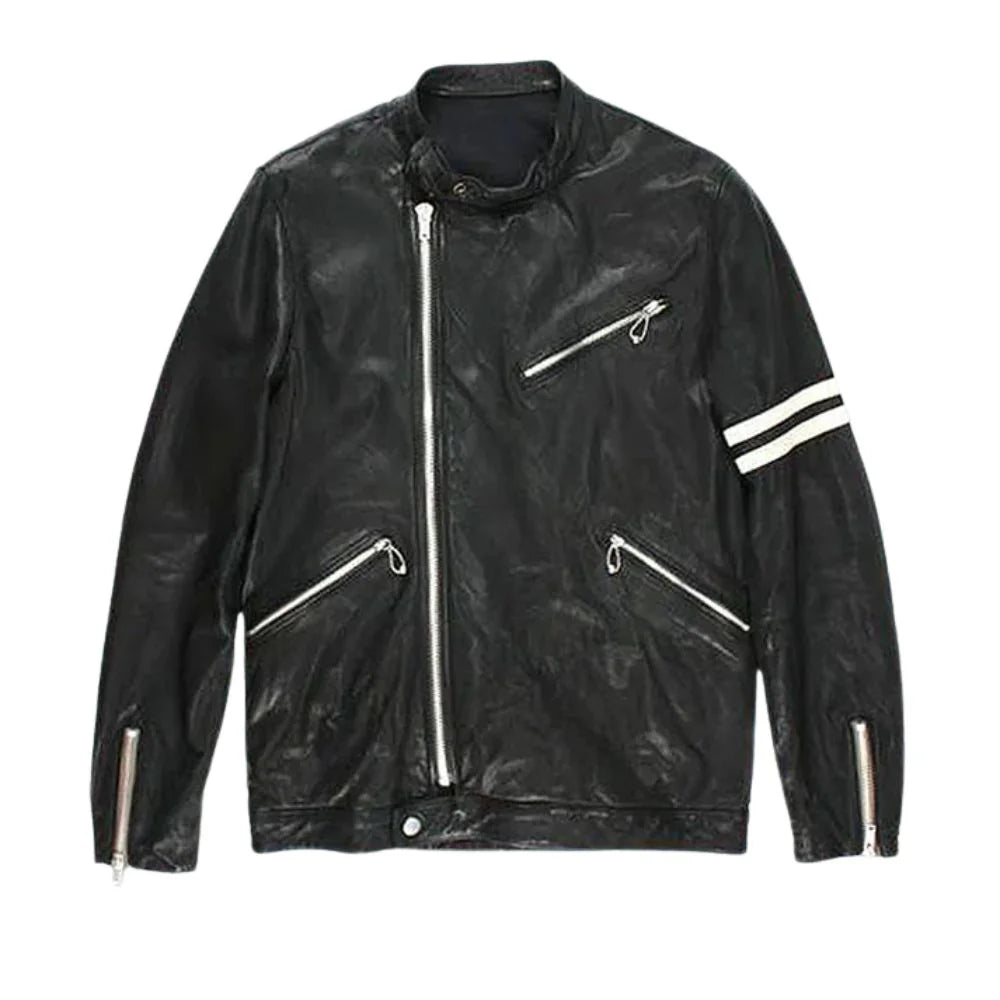 Men’s Standard Black Leather Jacket with White Stripes