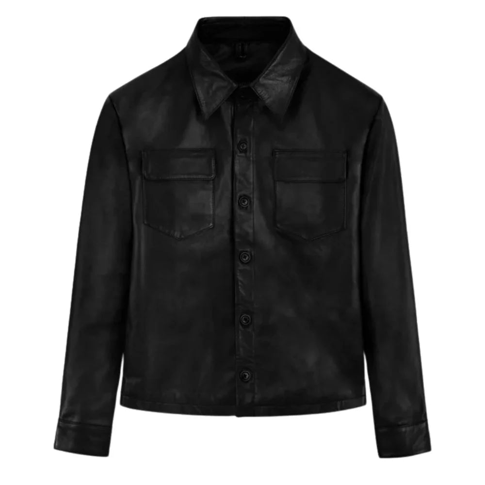 Men's Black Leather Overshirt with Chest Pockets