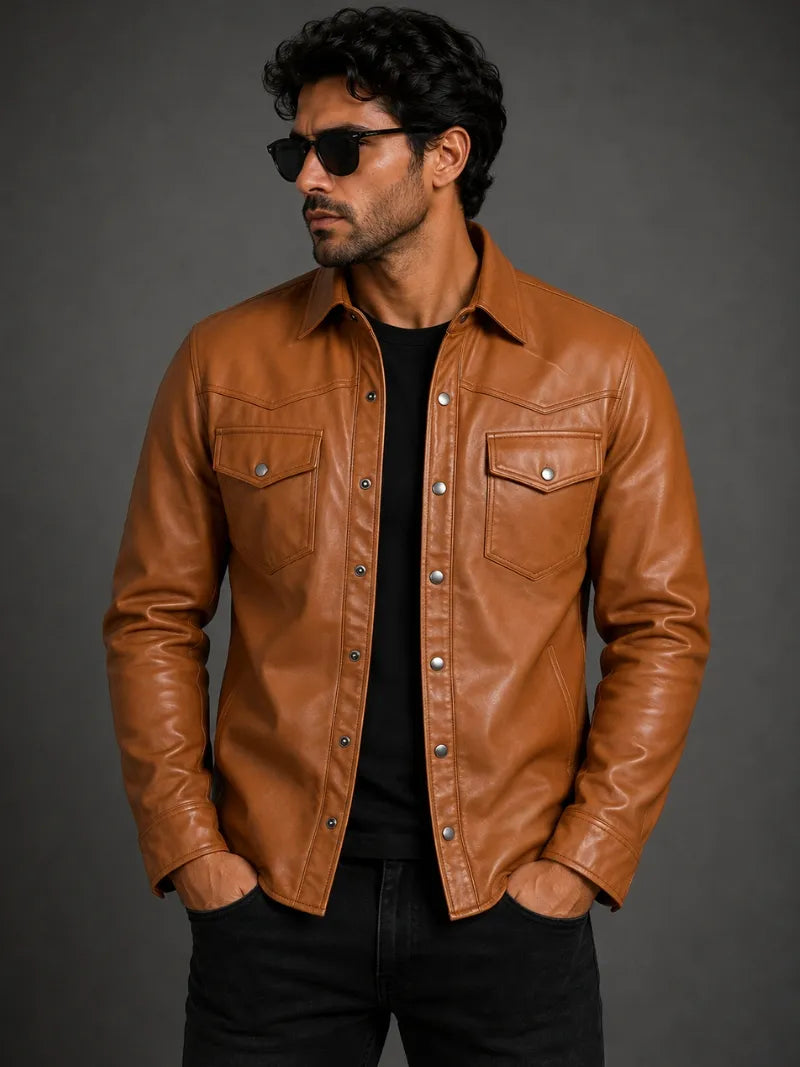 Men's Tan Button-Up Leather Shirt Jacket