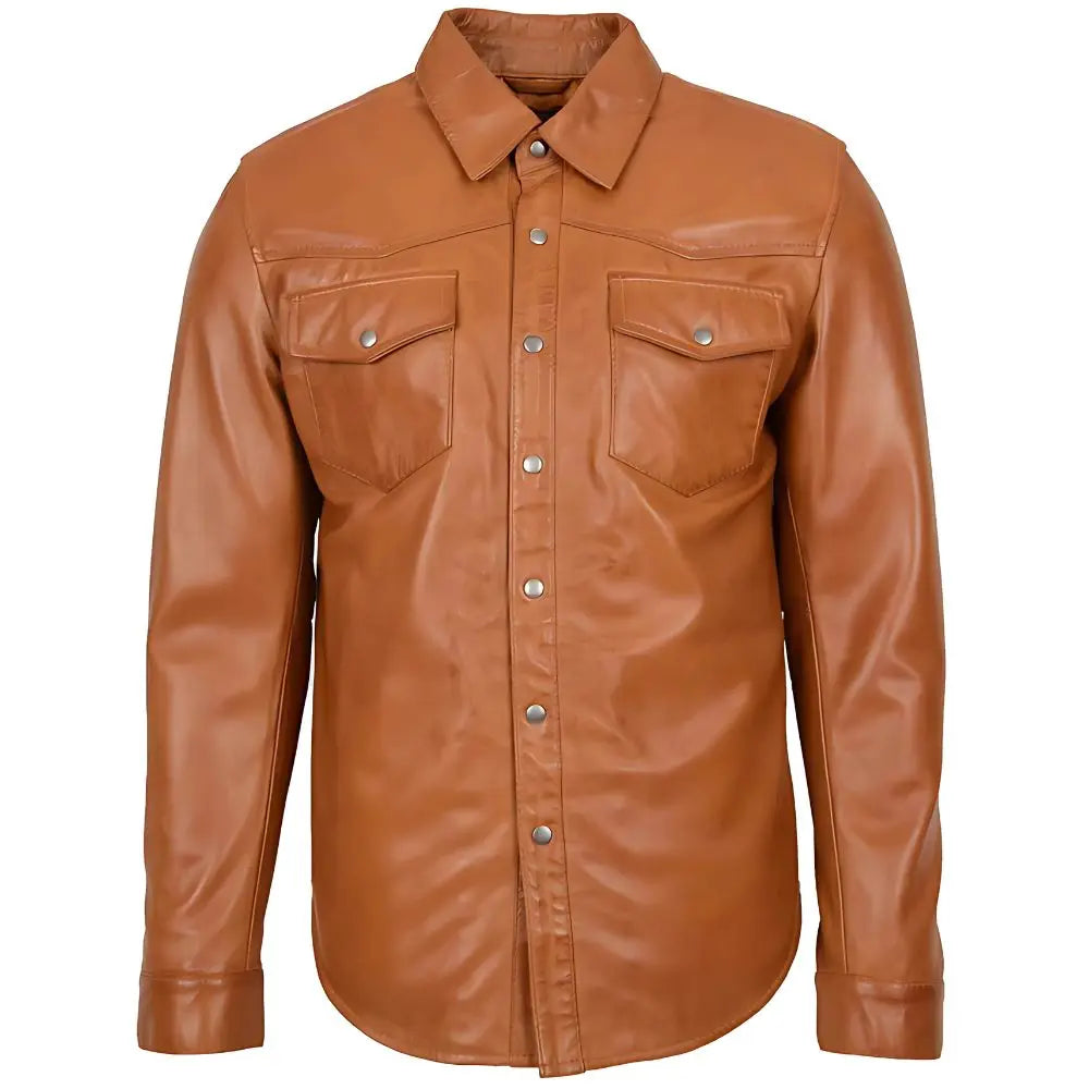 Men's Tan Button-Up Leather Shirt Jacket