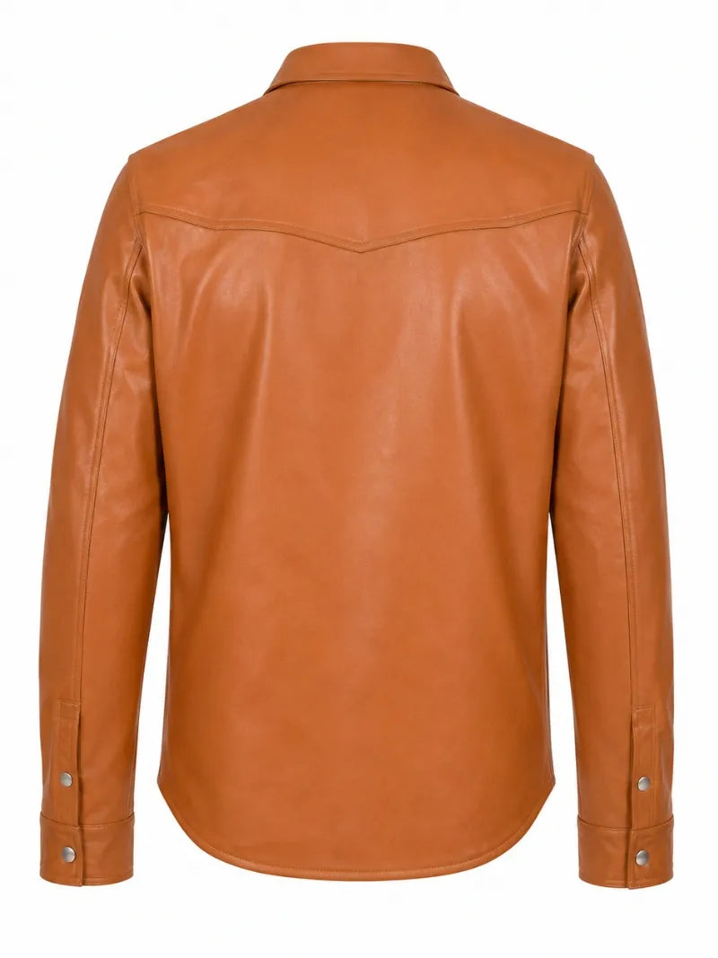 Men's Tan Button-Up Leather Shirt Jacket